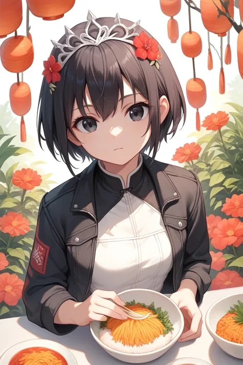  high resolution image, 1 , castanho jacket,  short hair, Rice, black eyes,with a red flower tiara