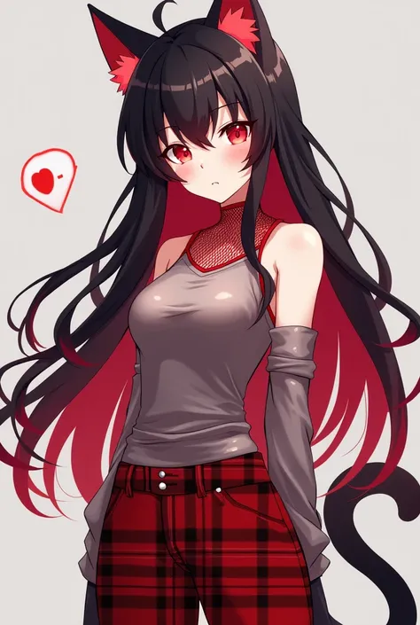 sexy anime girl, ( long red hair with black tips), red eyes, ( tail and red cat ears ), (sleeveless top attached to the red mesh collar),  plaid red long pants , 4k,buena calidad, piece of art