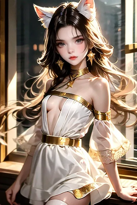 The 25-year-old Thai model has pale skin and her long, highlighted brown hair falls down over her shoulders. She wears a trendy, invisible tube top with short, light-colored sleeves, a bright white bodycon dress, and a black skirt with gold stripes. Her sk...