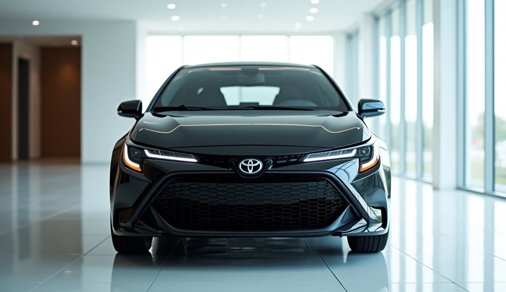 2025 Toyota Corolla in showroom with shinny black color front look
