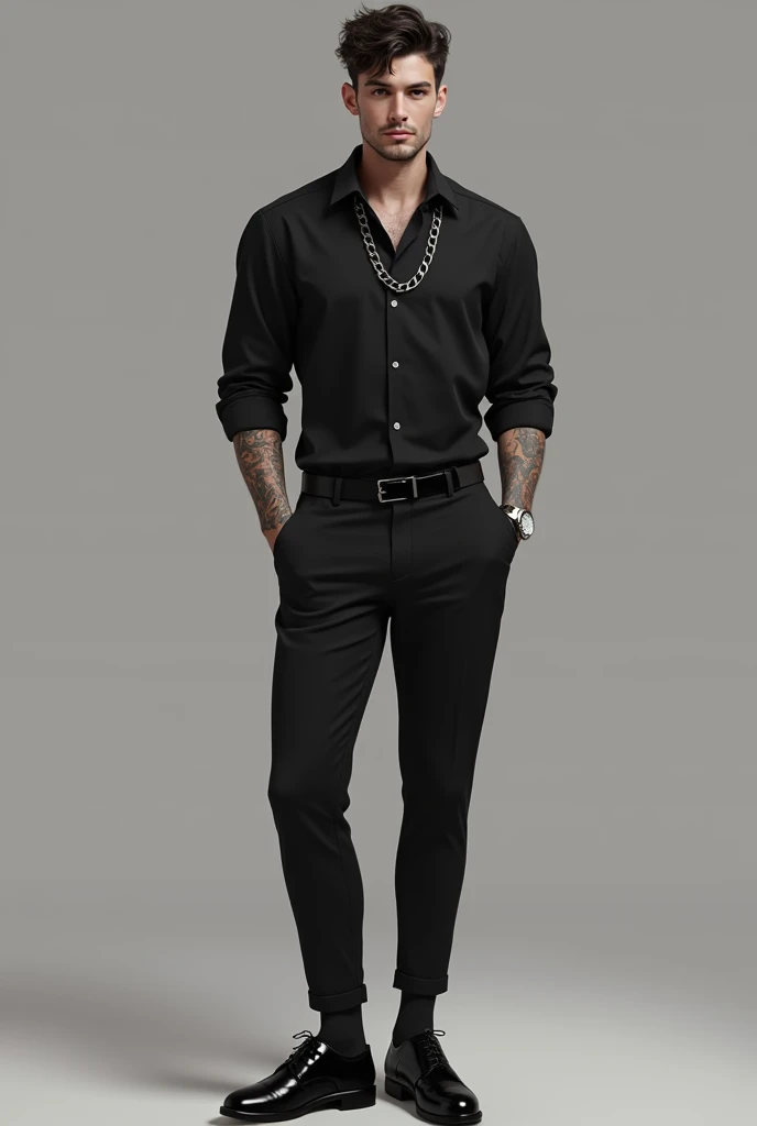 19 years boy with mid fade short hair cut and little bit beard with
black pant black shirt black shocks black shoe silver watch silver chain in formal  without blazer
