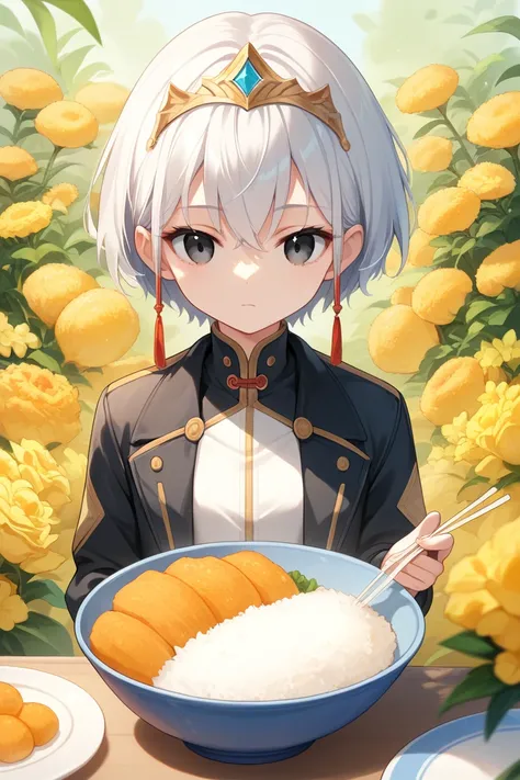  high resolution image, 1 , castanho jacket,  short hair, Rice, black eyes,with a tiara of yellow flowers