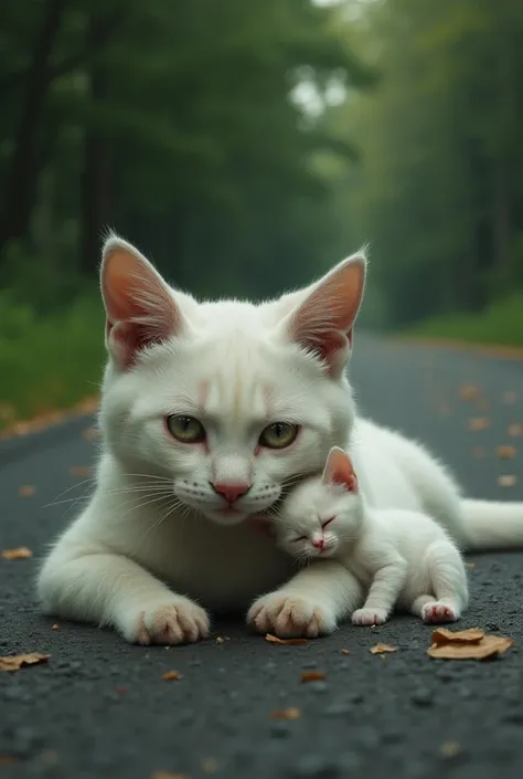 A white cat lying on the road hurt and a cute kitten sitting next to it and both crying 