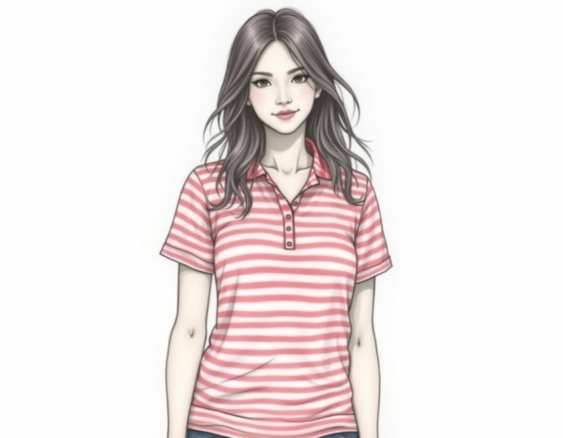 drawing of  .  loose shoulder-length hair. polo with red and white stripe .  full body . white background.