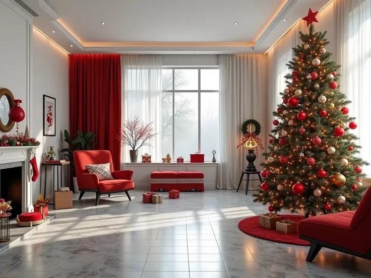 a large and spacious room with modern furniture, Christmas decoration, with white wall, gray marble floor, with a Christmas tree with a red and gold ball decoration and star on top, with a red LED blinker, some decorations, a presents, and various toys, a ...