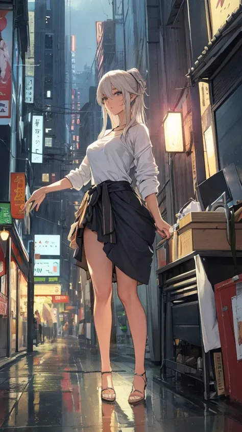 Rainy Night,City, in the bustling streets of Gintama ，A man in sportswear，Beautiful woman with hot girl makeup, There are vendors all around, Beautiful and moving portrait of a goddess ,  Beautiful and detailed face , Porcelain Skin ,  Full body shot , Cen...