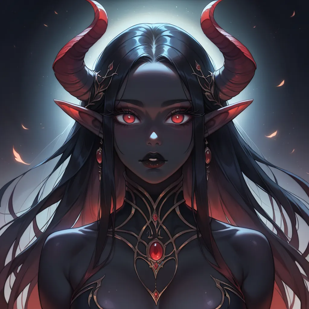 score_9, score_8_up, score_7_up, a beautifully detailed woman, succubus female, long black hair, elf ears, large eyes, red iris,...