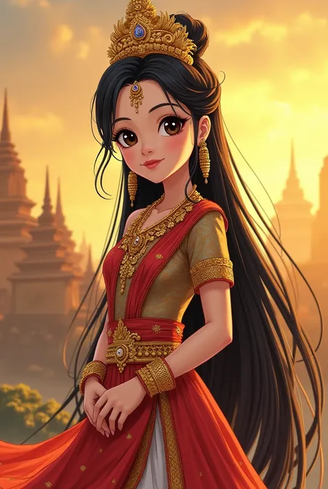 Anime style illustration of a beautiful Khmer girl with long black hair,a golden crown and black eyes. She wears a gorgeous Khmer traditional dress,decorated with exquisite gold,bright colors,exquisite patterns and embellished with countless shining beads,...