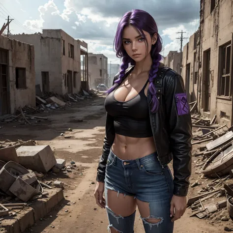 Beautiful Caucasian woman. Just a woman. Alone. Western woman. Beautiful and fitness body. Beautiful, round and firm breasts. Long hair with 1 braid. Purple hair. Purple eyes. She is wearing survivalist clothes, which are jeans shorts, a black gym bra, a j...