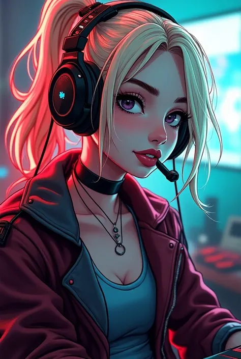 Illustration dun gamer avec barbe de 2 semaines les cheuveux rasé et avec un casque gaming. Sur le thème de harley quinn