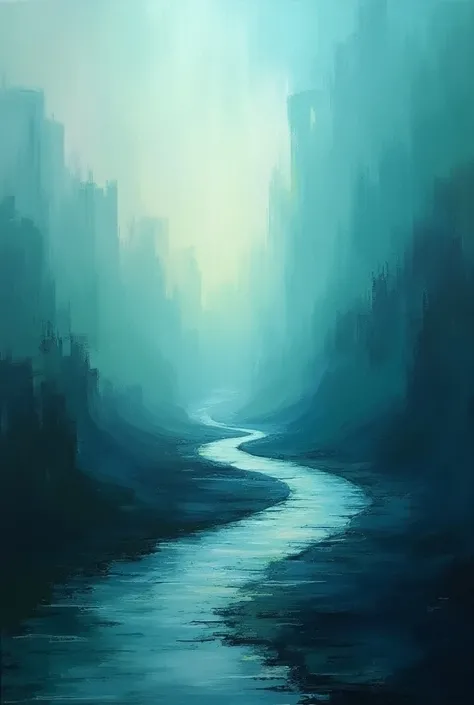 a breathtaking abstract acrylic painting, a minimalist interpretation of the poem "The Roads Go Ever On" by J.R.R Tolkien, cool color palette, simple geometric shapes, ethereal atmosphere, moody lighting, mesmerizing textures, calming tones, dreamlike qual...