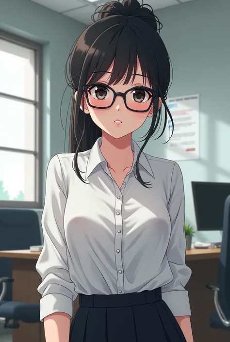 anime style art,  woman with her hair tied back, white. black eyes and glasses. In office clothes . melancholic expression 
