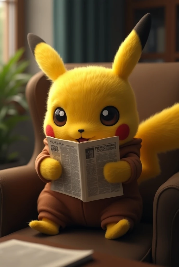 Do the ultra realistic wide-eyed and red pikatchu with a brown jumpsuit sitting in an armchair and reading the newspaper

