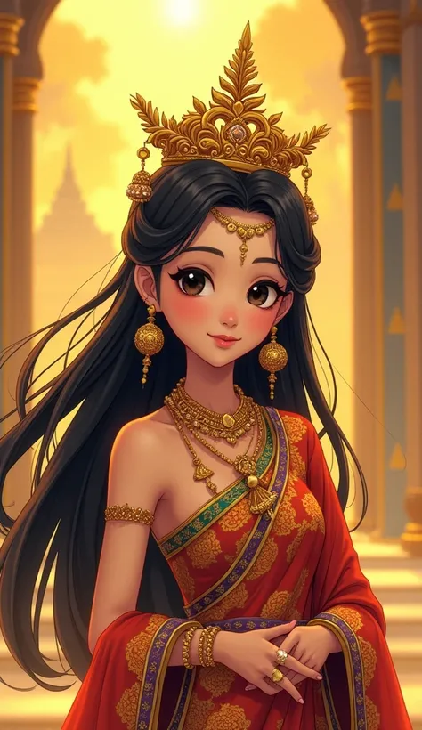 Anime style illustration of a beautiful Khmer girl with long black hair,a golden crown and black eyes. She wears a gorgeous Khmer traditional dress,decorated with exquisite gold,bright colors,exquisite patterns and embellished with countless shining beads,...