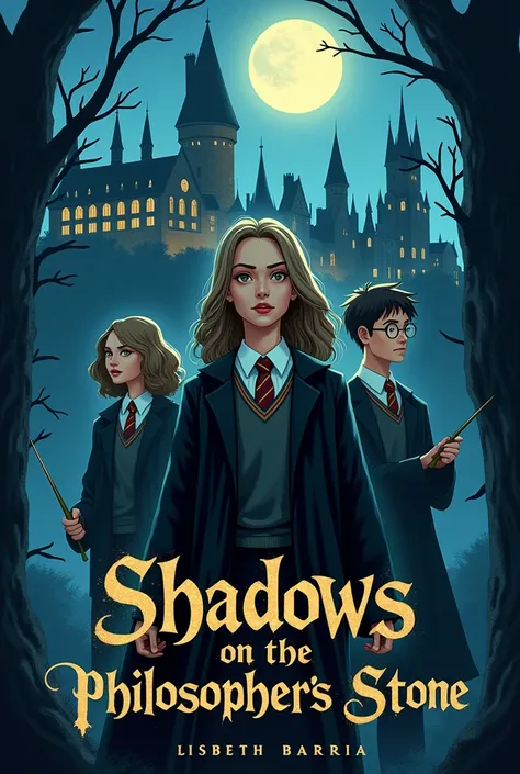 Create a Cover Design illustration:buffy the vampire slayer 2025
Title: Shadows on the Philosophers Stone

Front page:

Background: A nighttime landscape of Hogwarts, with the school illuminated by moonlight. The cover should convey a mysterious and magica...