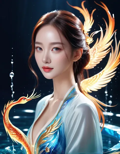 ( Masterpiece,  measurements, best quality,  official art,  Beauty and Splendor:1.2), Pretty Chinese ,  Phoenix white pretty girl with water magic all around,  Realistic illustration ,  glow , 