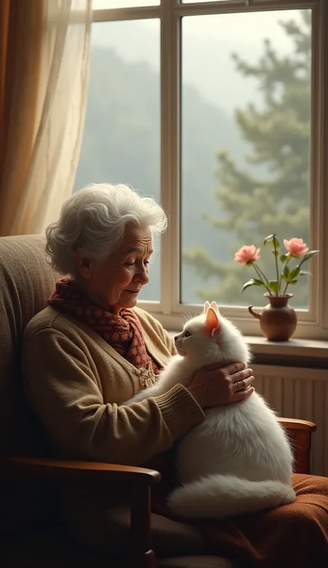 An old grandmother sits on a wooden chair looking out the window, accompanied by a cute white cat, the grandmother is embracing the cat while stroking its fur, the grandmother and the cat are seen laughing, the background of the living room or classic loun...