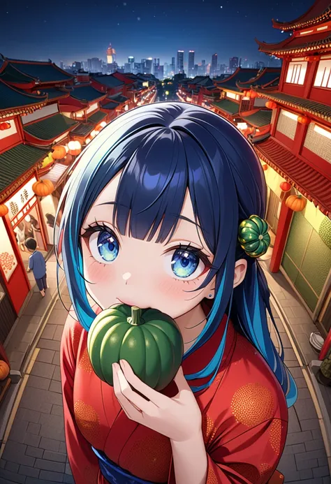 (best masterpiece, high resolution:1.5), (8K, RAW photo, fisheye effect, perfect anatomy, golden ratio:1.3), pointillism, professional photography, gaze, lone Japanese idol, (realistic:0.5 ), (Eating green pumpkin: 1.5), (Green pumpkin pattern, Red Yukata:...