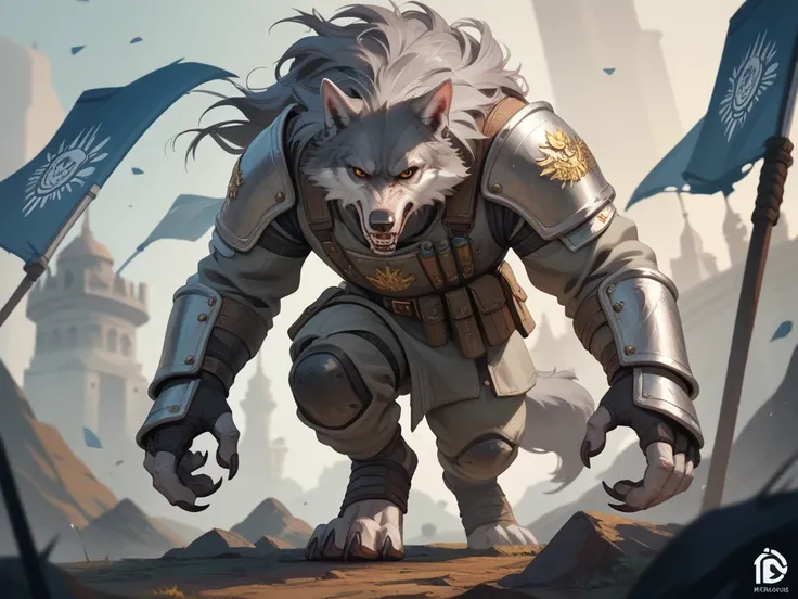  an army of werewolves ,bipeds ,  Let it belong to an empire with blue banners that have a wolf logo and the phrase "Wolves Empire " and a silver armor with gold details 