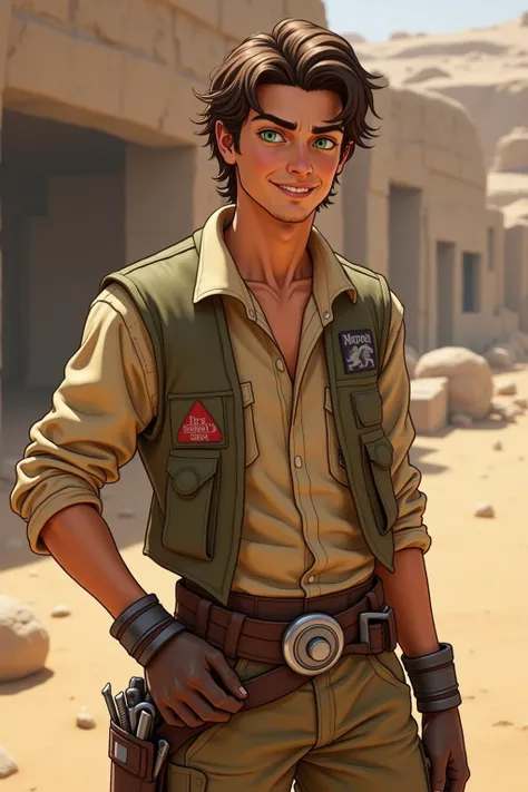 A 20-year-old human male, tall and slender, with wavy brown hair and piercing green eyes. He has an athletic build from his work as a mechanic. Dressed in practical, sand-colored work clothes typical of Tatooine, with a utility belt holding various tools. ...