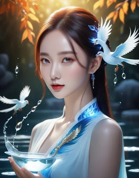 ( Masterpiece,  measurements, best quality,  official art,  Beauty and Splendor:1.2), Pretty Chinese ,  Phoenix white pretty girl with water magic all around,  Realistic illustration ,  glow , 