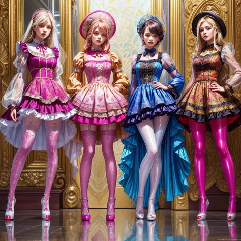 ((full body shot):1.5), a group of women,((Ranger style):1.3), (in elegant Classic Lolita Princess Dress),( high waisted short dress :1.3), ((Standing and posing on a steep cliff)), Bimbo,  (Muticolored:1.4), (Wear dresses of different colors:1.2),Mary Jan...