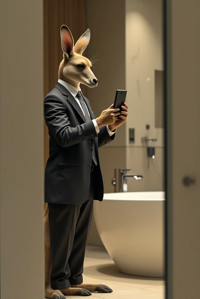 A kangaroo in a suit taking a picture in the mirror with a phone in a bathroom