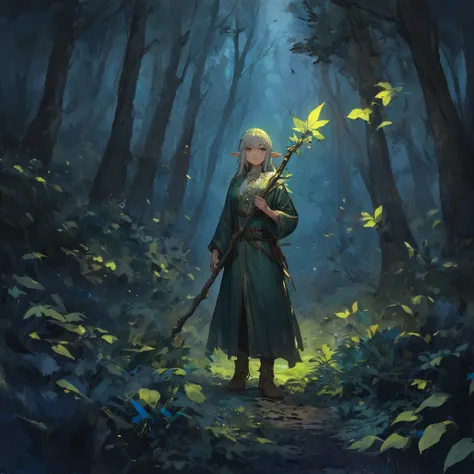 Elder elf with a staff of leaves, in a forest at night, oil paint