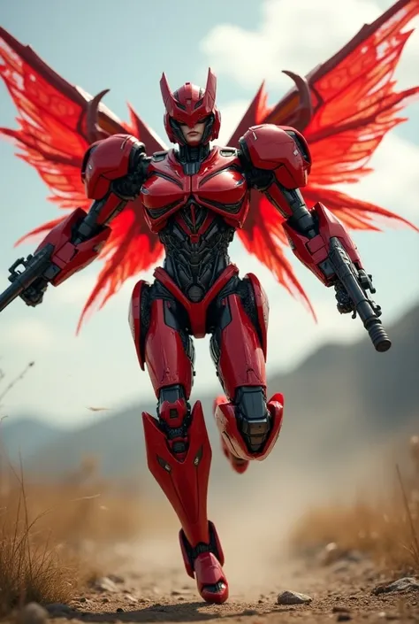 
 Beauty and the Transformers red plane fit together，Wings on her back ， A helmet on her head but no tentacles ， Gatling gun on her shoulders ，Sexy，roar， Jumping with her hands at the waist ， Fragments of a machine under her feet 