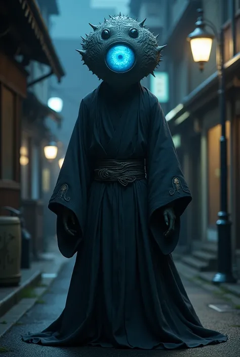 A creature with a large blue eye at the center of its face, standing in a kimono against the background of a night street. Slightly eerie with realistic textures.