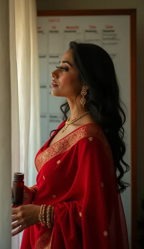  Creat a high quality, very clear, realistic, ultra hd, 4k quality, cinematic image of, A montage showing the woman using the vial, sitting silently during moments of frustration, Wearing red saree, big boobs, huge cleaves. Indian sexy aunty style, hot, ve...