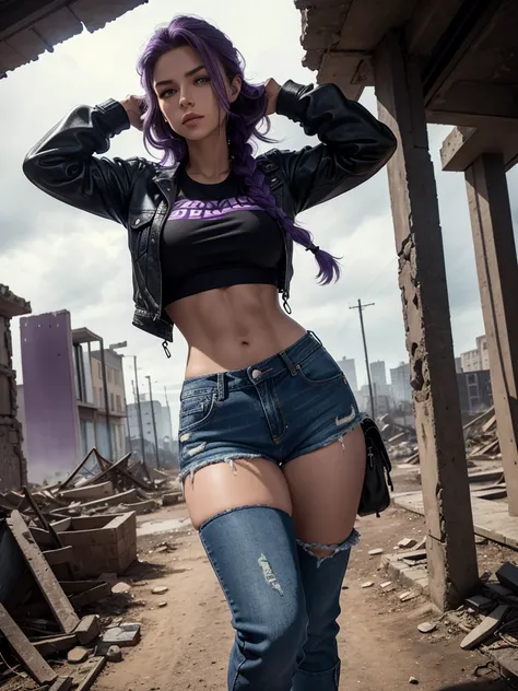 Beautiful Caucasian woman. Just a woman. Alone. Western woman. Beautiful and fitness body. Beautiful, round and firm breasts. Long hair with 1 braid. Purple hair. Purple eyes. She is wearing survivalist clothes, which are jeans shorts, with the straps of t...