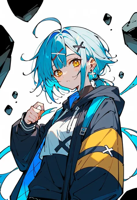  1 girl, Blue Hair/Light blue hair,  golden eyes,  accessories with gray hair,  shortcuts,  low ponytail in tights、 earrings for a woman alone,  Hi-Res, Ahoge,  asymmetrical bangs ,  wolf cut, x shaped hair ornament,  hood, Punk Rock、 HOODIE、 Black Shorts、...