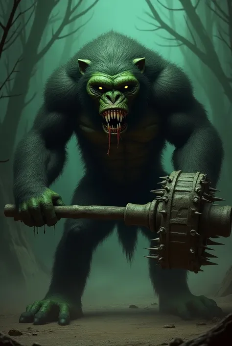 A huge, scary-looking, green-headed monkey holding a giant mace.