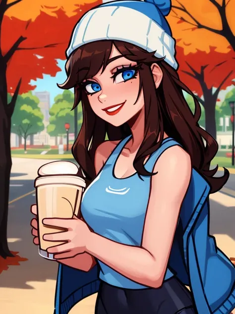  1girl, solo, long wavy brown hair, blue eyes, mascara, red lipstick. (holding a coffee cup filled with Latte:1.3). (Wearing: Blue beanie, opened blue jacket, white tank-top, Lululemon branded black leggings). She has a carefree smile on her face; shes sta...