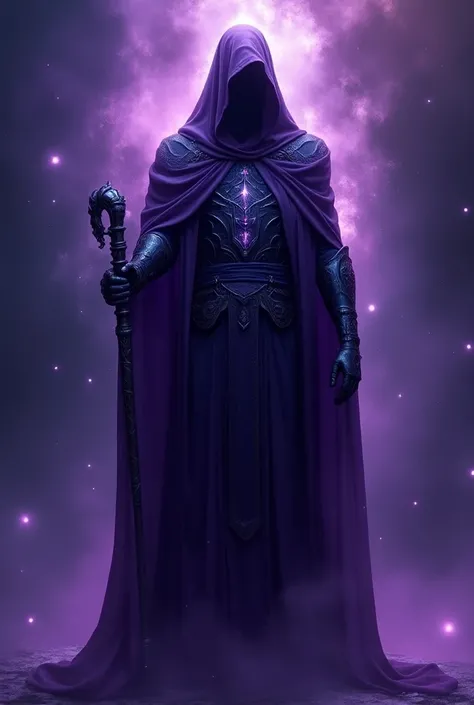 a man in purple nebula armor and hood holding a cane