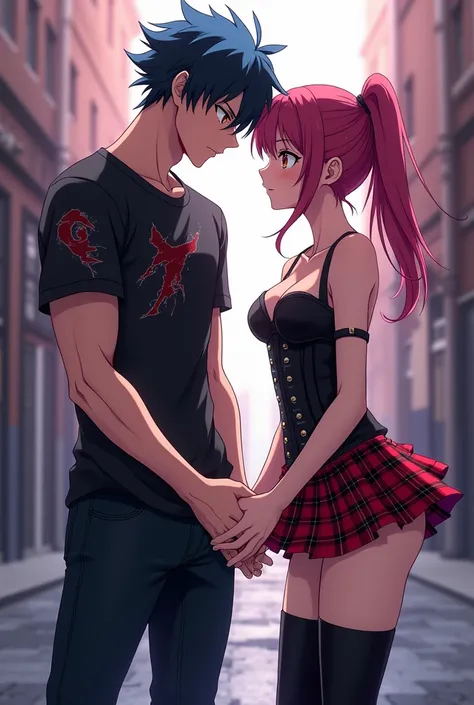 Seventeen-year-old anime boy with black hair with blue tips, gray eyes, a marked and muscular physique wearing a scared black t-shirt, black pants holding hands with a girl with dark pink hair, dark yellow eyes with a black corset, a short skirt with red p...