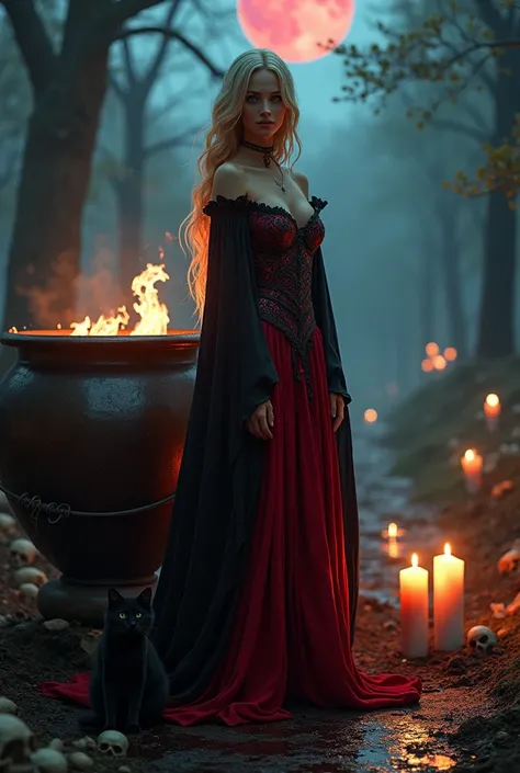 An ultra-realistic full-length portrait of a charming and imposing blonde woman who embodies the mystique of an Umbanda witch. She is in a dark, misty cemetery, wearing a majestic red and black dress with rich textures. Soft lighting highlights its strikin...