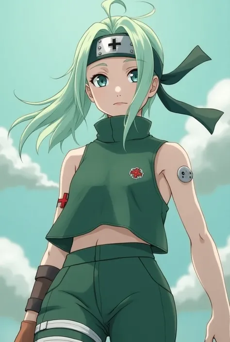  A girl from the Naruto anime who has mint green hair .  and a two-piece suit and is a ninja and uses a ninja band from the leaf village like Naruto.  And be a medical ninja . Be very pale white .