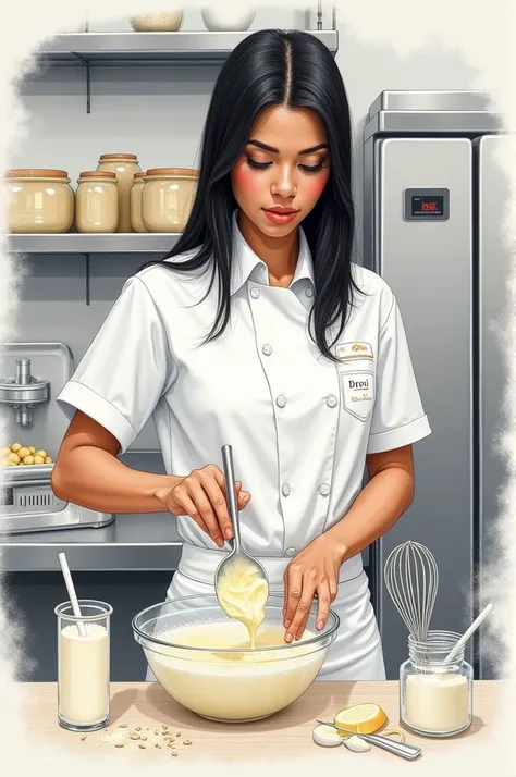 Drawing of young white Brazilian woman with straight black hair in uniform making kefir as a confectioner
