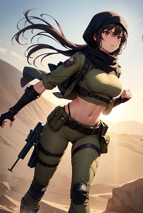 " A naked Muslim soldier in a desert environment  ,   with tanned skin and dark eyes that reflect intensity and determination  .   His dark hair is covered by a tight hijab that is pushed upwards by the strong wind towards his tactical camouflage uniform i...