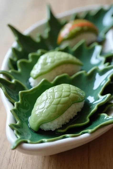 ceramic sushi set shaped like leaves