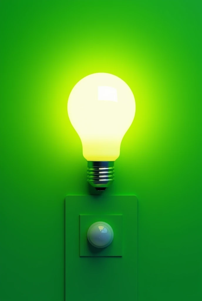  Image with a green background that serves as an energy saving sign with an image of a bulb and that reads below "Focus with motion sensor " 