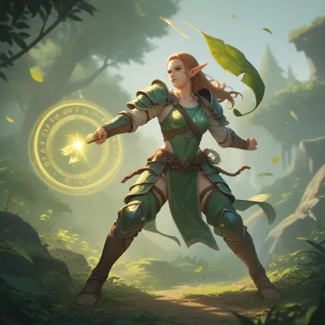 Tall elf, strong in green armor with leaf symbol, preparing to fight,  oil paint, magic the gathering