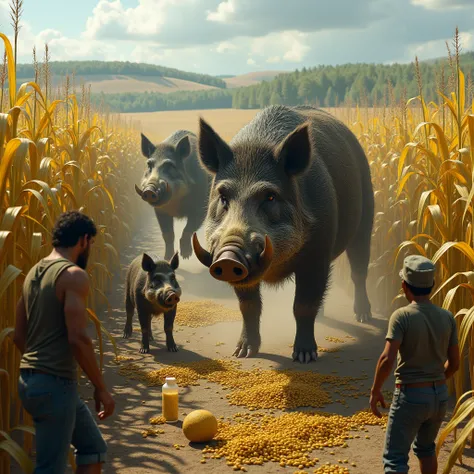 Poor farmers use medicine to drive away wild boars，Wild boars eat ， lots of corn，Big boar，Little wild boars ， damage corn fields，Farmers crops 
