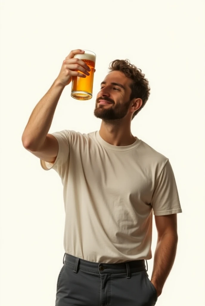 an image of a man enjoying a pint of beer, similar pose to a coca cola print ad. transparent background, character exists in a blank transparent space