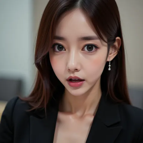 A beautiful Japanese woman with extremely detailed skin, glasses:1.41, large breasts, small head, cute face, brown straight hair:1.21, bright eyebrows, blurred background, wearing a sexy black suit:1.21, wide eyes: 1.3, mouth open very wide in shock: 1.3, ...