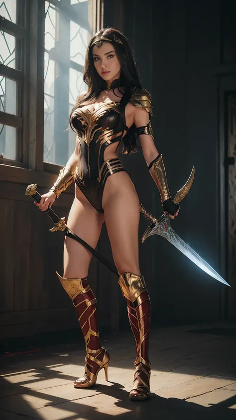 ((Full body photo, standing, feet on the ground)) a woman dressed as a warrior holding a sword, gal gadot sexy painting, fishnets, tyler edlasy art, fantasy woman, gal gadot as hell lord, zenescope, a very beautiful berserker woman, magali villeneuve, as s...