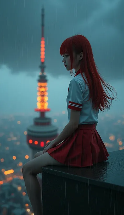 Tsutenkaku,   Illuminations,    woman sitting at the top of the roof of a tall building:1.331,  Dangerous Borderline  ,  side view, from side:1.8, (Best Quality:1.4),   32k high resolution UHD  , (masterpiece:1.2),   extremely detailed real photo , (Realis...