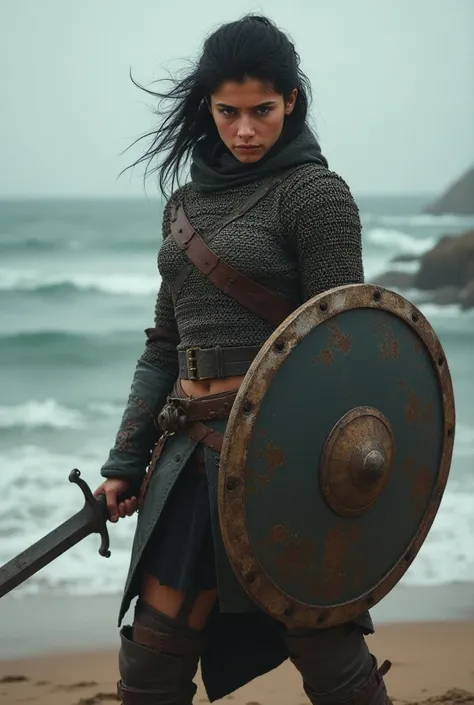 Draw a young female fighter with a shortsword and sheild, she lives in a costal town and is about . She has dark hair and wears chainmail armor. She is almost 6 feet tall and is very strong